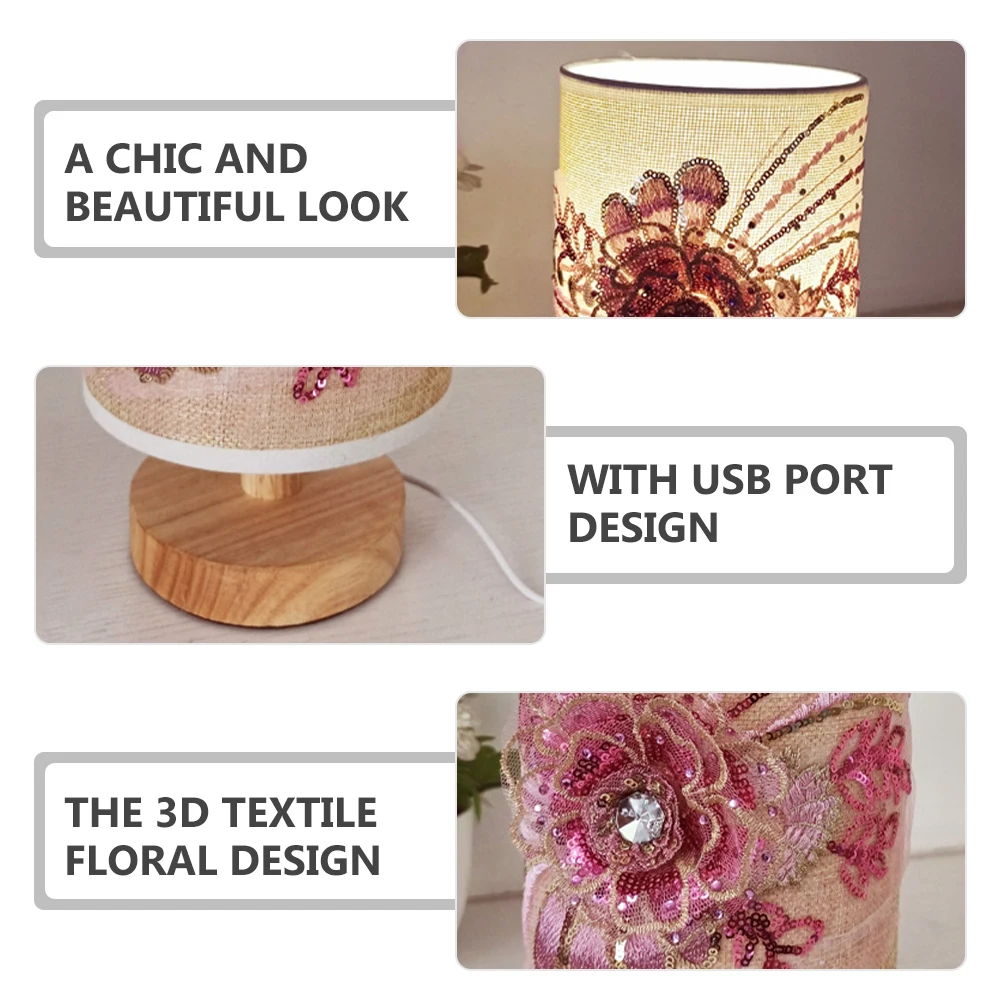 

Fabric Flower Lamp Bedroom Light Nightst Cloth Small 3D Design Table Light LED USB Plug Wood Decor