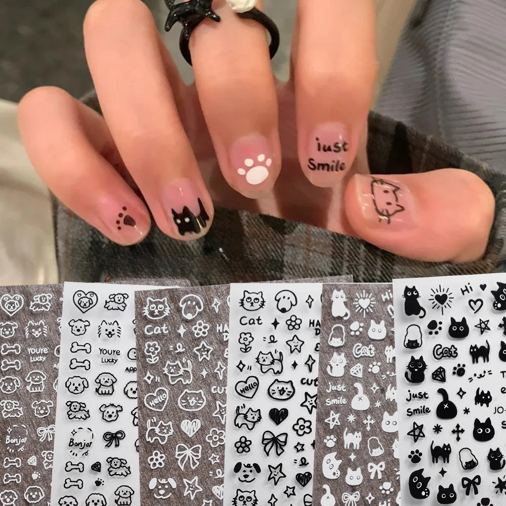 Autocollants pour Ongles Kawaii avec Motif de Petit Chat Noir, Dessin Animé, Mignon, Étoiles, Lettres, Curseur, Y2K, Coréen, Japonais, Nail Art, Manucure Ouverte