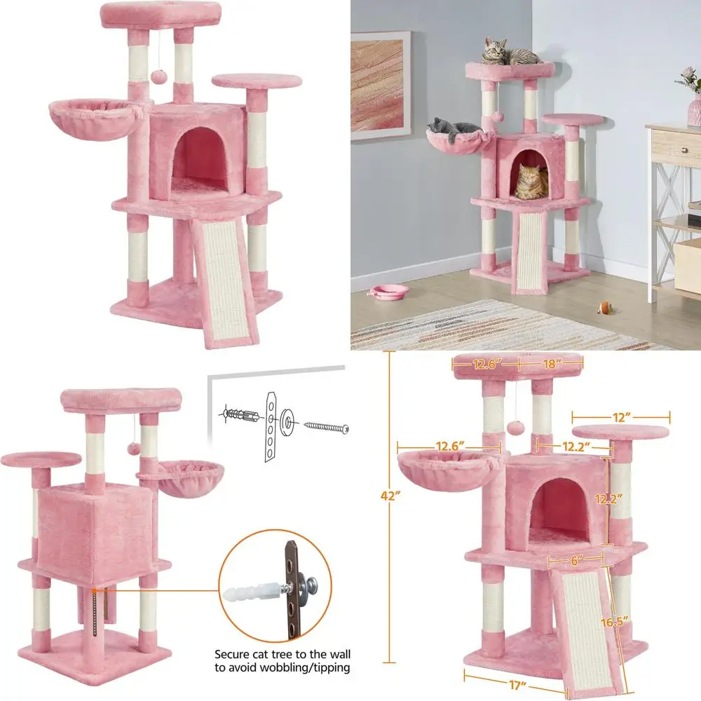 

42-дюймовая домашняя башня для кошачьего дерева с окунем, гамаком и многоуровневым центром активности для кошек