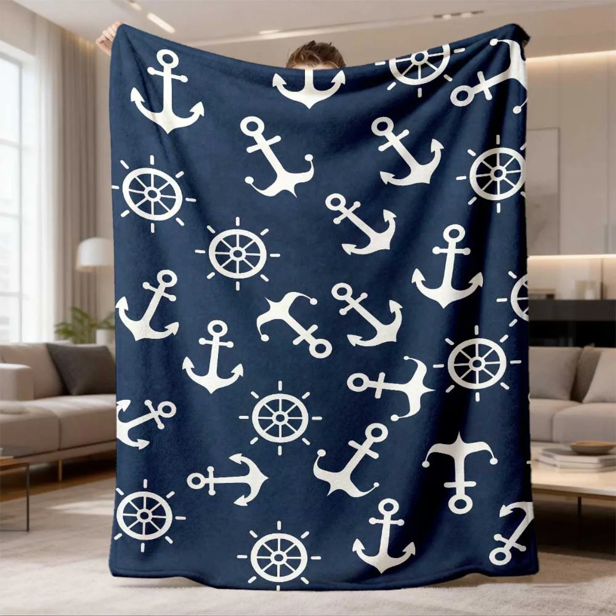 White Anchor Ship Wheel Navy Blue Nautical Seamless Pattern Flannel Blanket Indoor Outdoor Soft Timeless Warm Home Holiday Decor