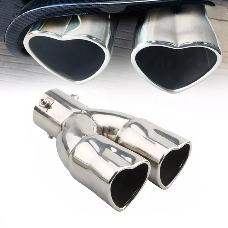 Universal Car Accessories Heart Shape Style Stainless Steel Exhaust Tips Muffler Tail Double-Pipe Tube Tips