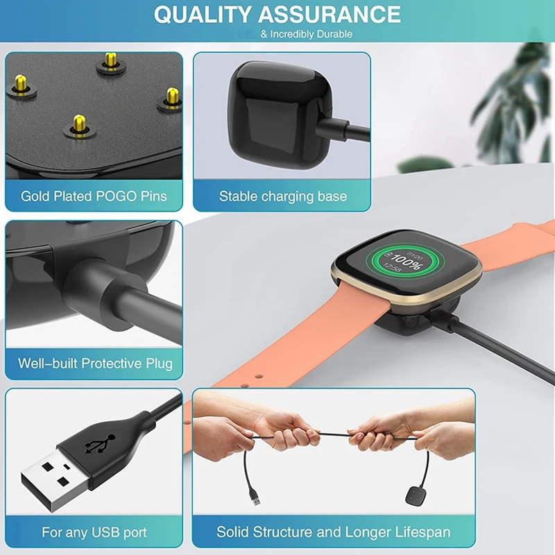 2 peças de substituição cabo de carregamento usb suporte compatível para fitbit sense & versa 3 carregador para versa 3 & sense watch