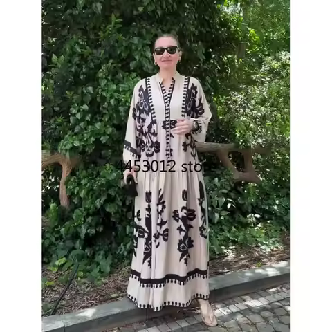 Casual Muslim Loose Patterned Dress For Party Vintage Spring Summer Fashionable A Line Evening Gown Kaftan