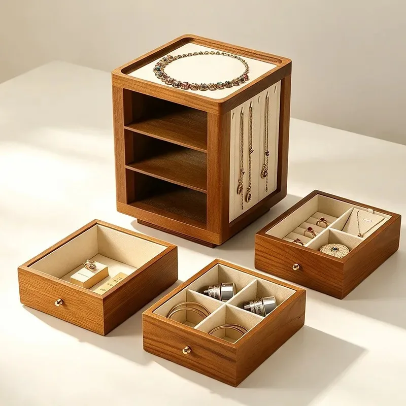 Wooden Jewelry Display Stand Rotatable Bracelet Storage Displays Rack Counter Necklace Display Holder 3 Layer Ring Organizer Box
