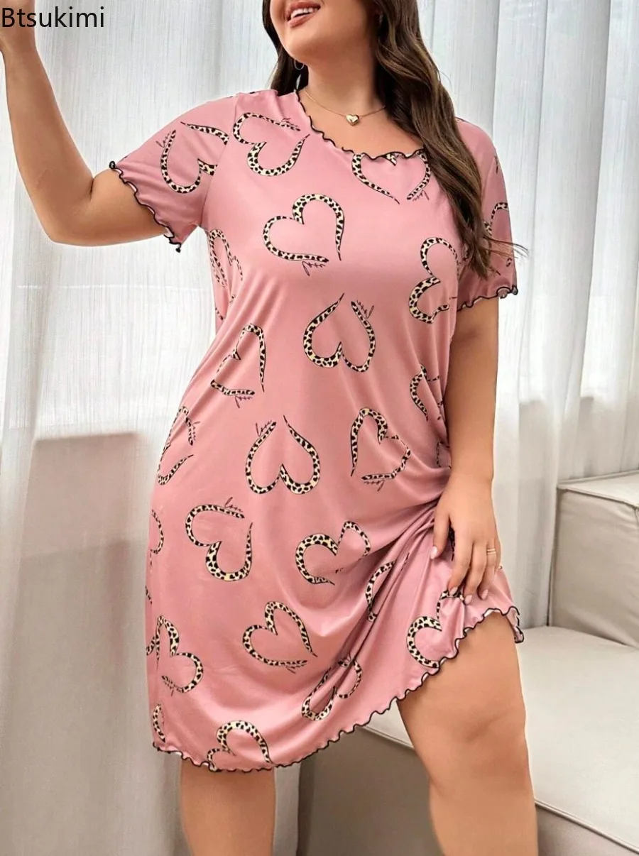 

New 2025 Summer Casual Women's Dress Love Printed Pajamas Short Sleeve O Neck Night Dresst Stretch Short Sleeved T-shirt Skirt