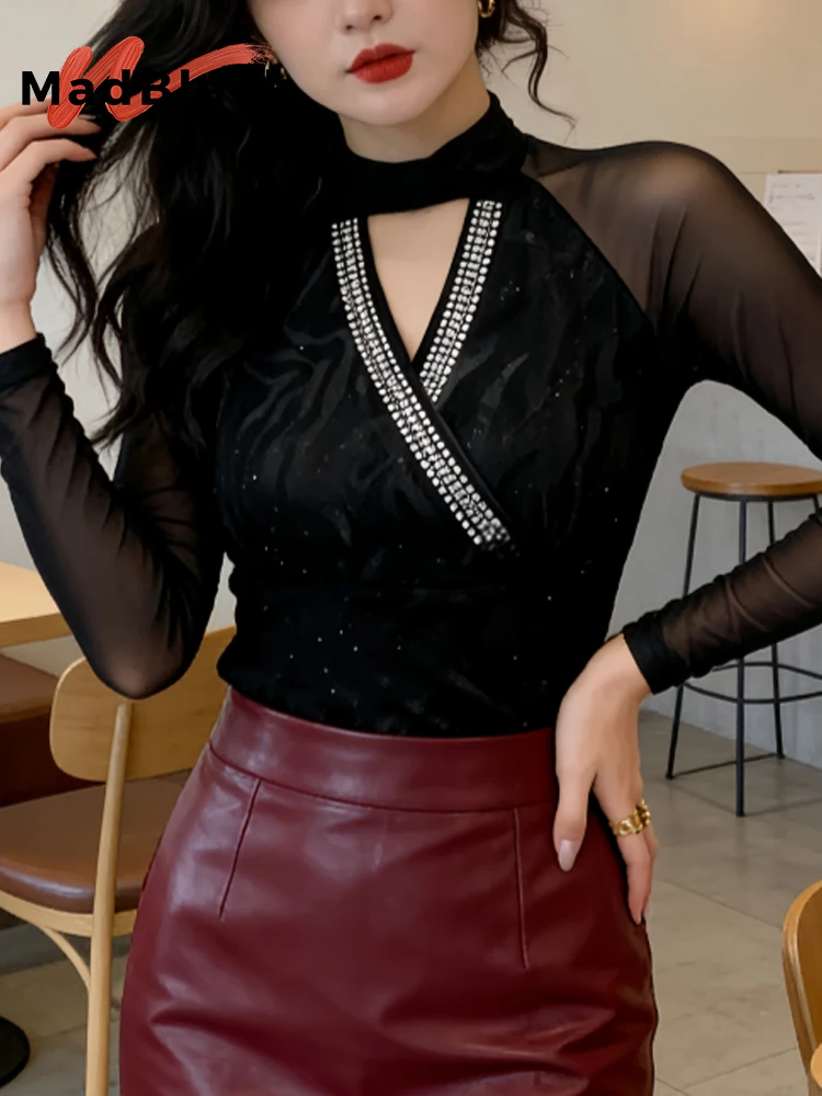 

MadBlack-Women European T-Shirt, Sexy Mock Neck Diamond Hollow out, Streetwear Long Sleeve Slim M-3XL Tee, 2025 Winter T5D442CC