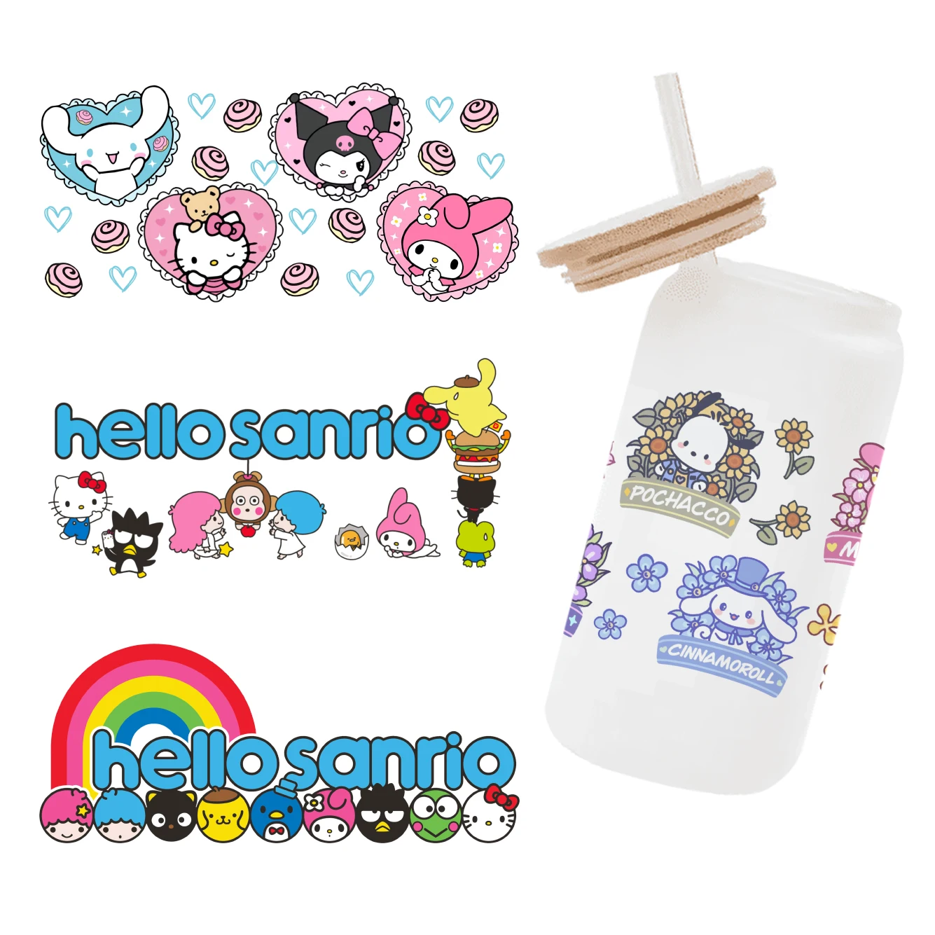 Sanrio cartoon For Libbey 16oz Can Glass 3D Waterproof UV DTF Coffee Can Wrap Libbey Glass Wrap