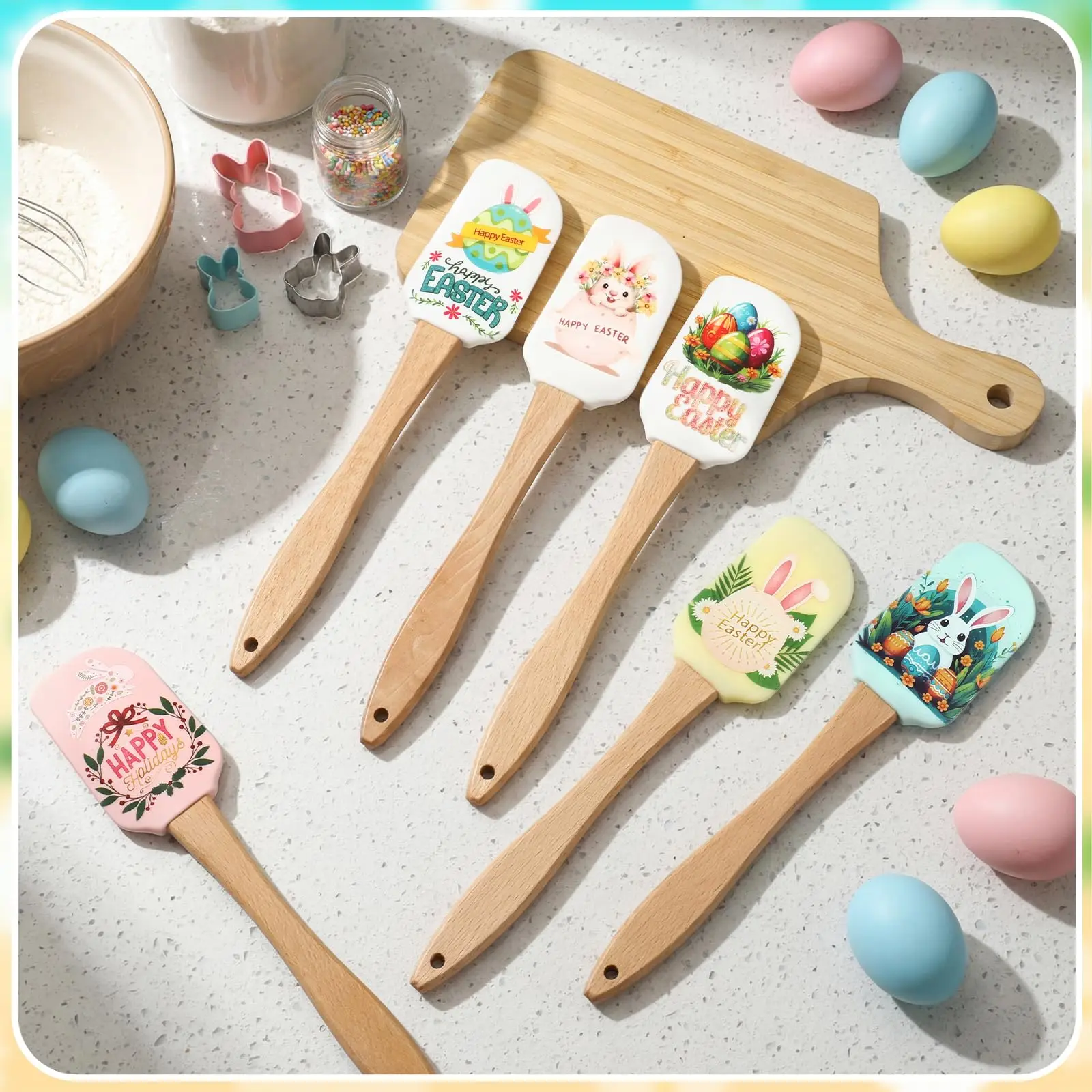 

IK 6PCS Silicone Spatula Set Easter Holiday Baking Spatulas Wooden Handle Cream Scraper Cheese Spreaders for Baking Cooking