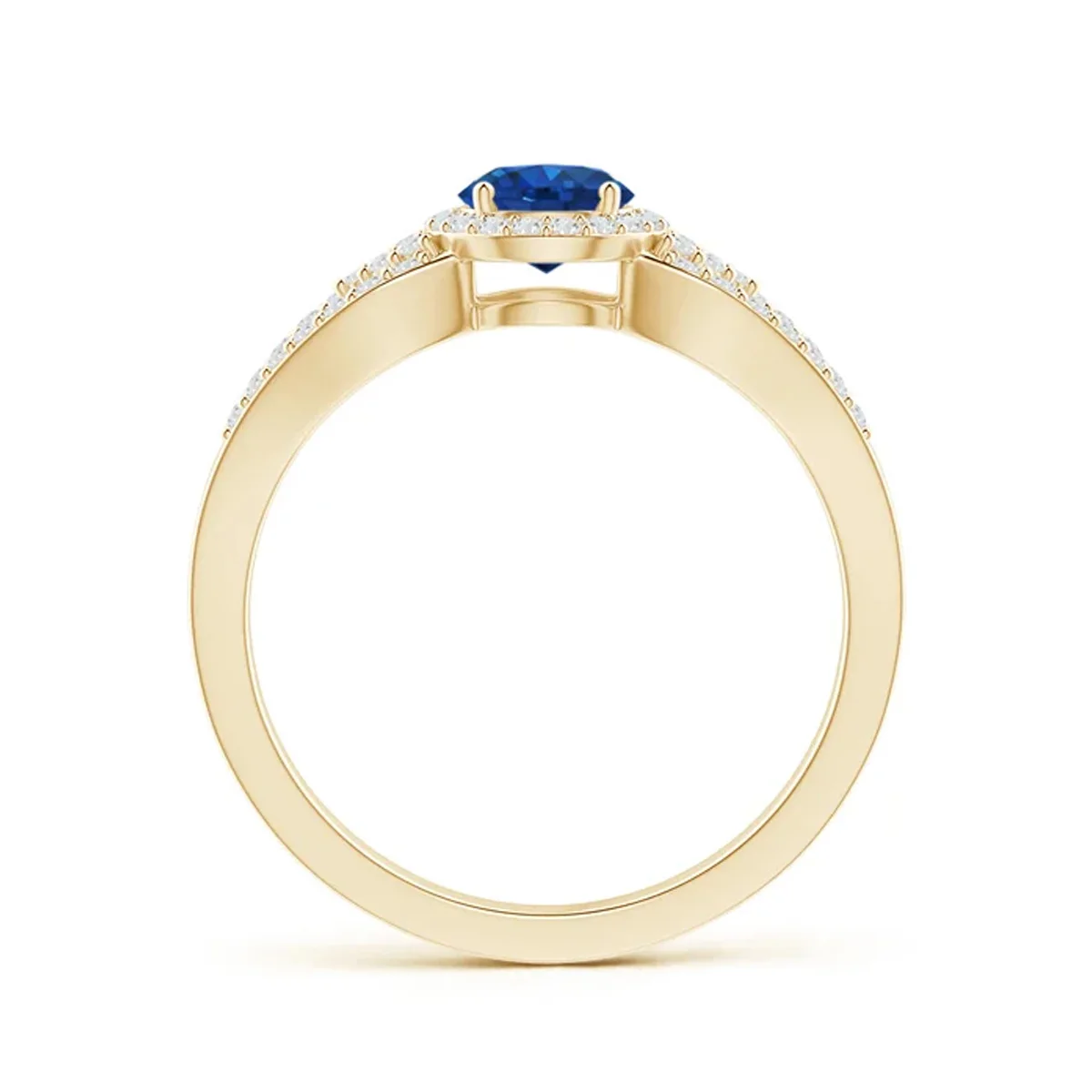 9K/14K/18K Yellow Gold Lab Sapphire Ring Center Stone Round Lab Sapphire Accented by Round Lab Diamond Openwork Shank Ring