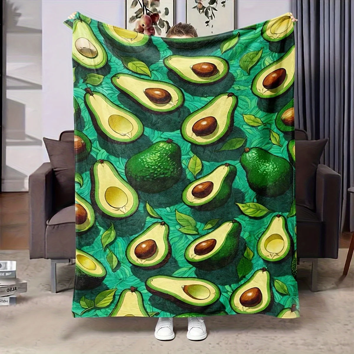 Manta de franela ultrasuave - Diseño realista de huerto tropical de aguacate y hojas en verde - Sofá, cama, sofá para todas las estaciones