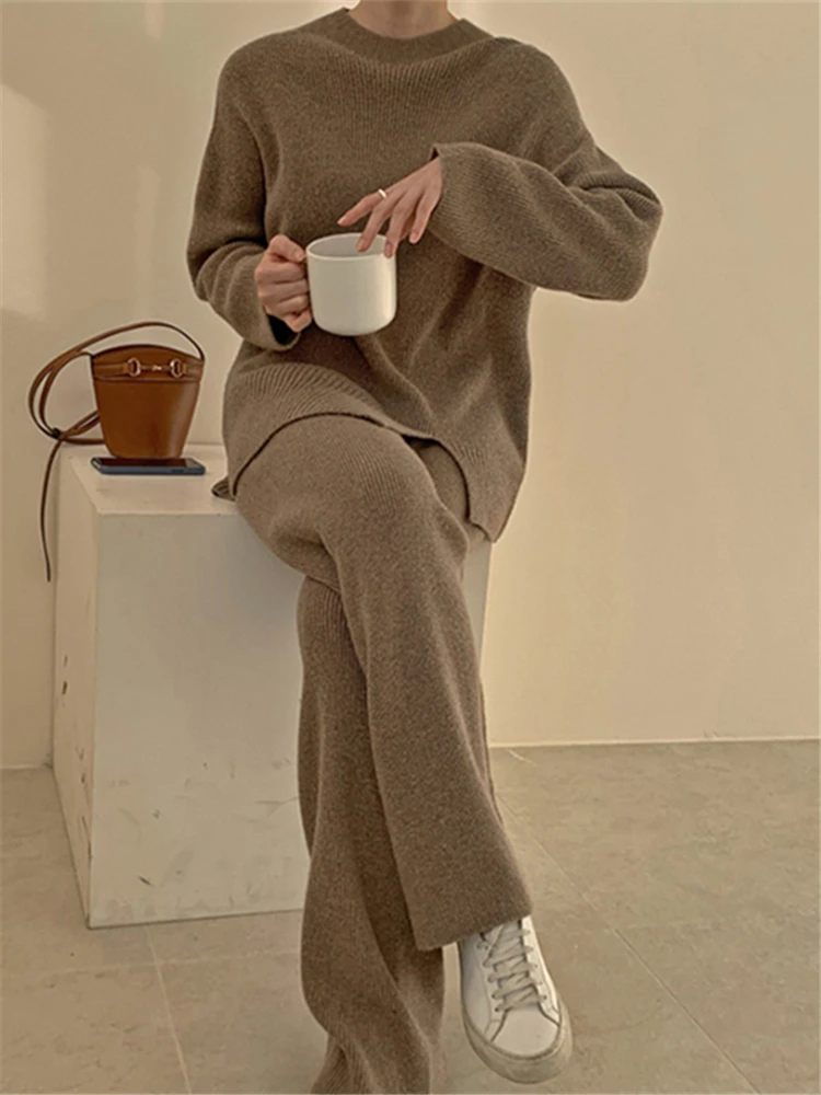 REALEFT Autumn Winter 2 Pieces Women Sets Knitted Tracksuit 2023 O-Neck Split Sweater and Wide Leg Jogging Pants Pullover Suits