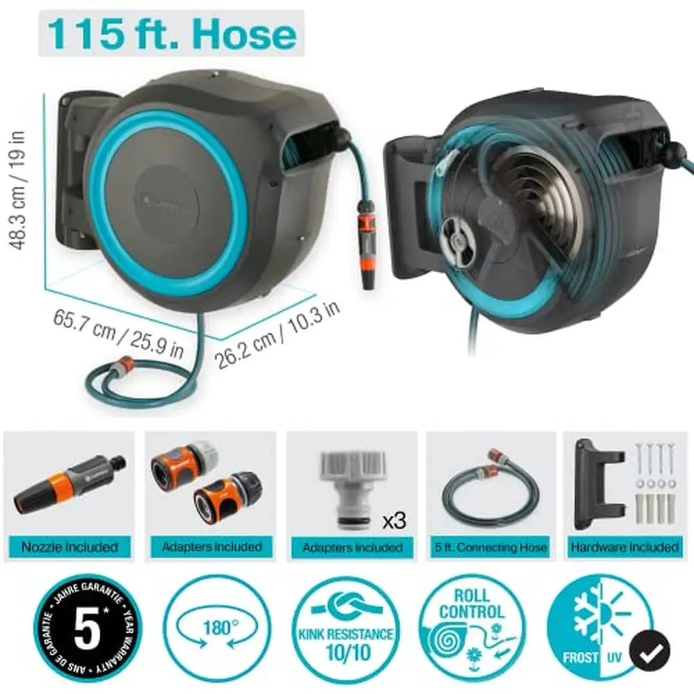 Retractable Garden Hose Reel 115' ft Automatic Retraction Swivel Wall Bracket RollControl Technology Easy Watering & Storage