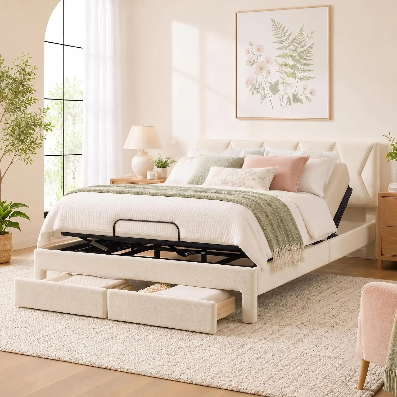 Adjustable Queen Bed Frame with Storage Drawers Headboard, SGS Certified Quiet Motor Remote Control Incline, Customized