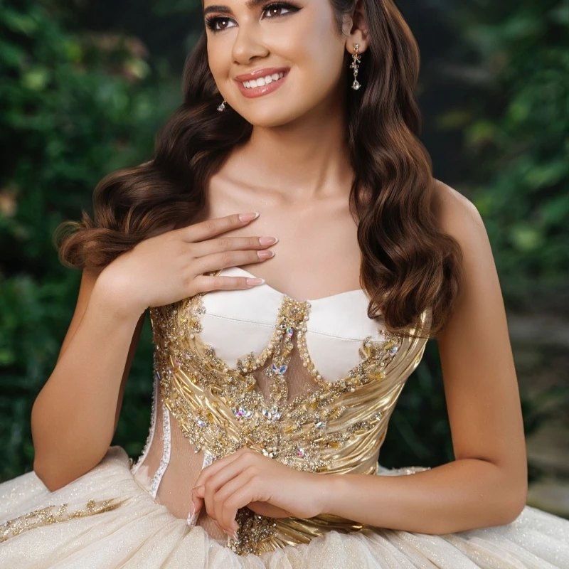 Licht champagne Quinceanera jurken baljurk off-the-shoulder appliqué kant kralen tule korset feest verjaardag Sweet 16-jurk