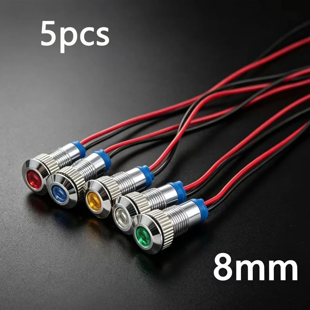 5pcs 8mm Waterproof Metal Indicator Light Warning LED Signal Lamp Pilot Wires Switch 6V 12V 24V 220V Red Green Blue White Yellow