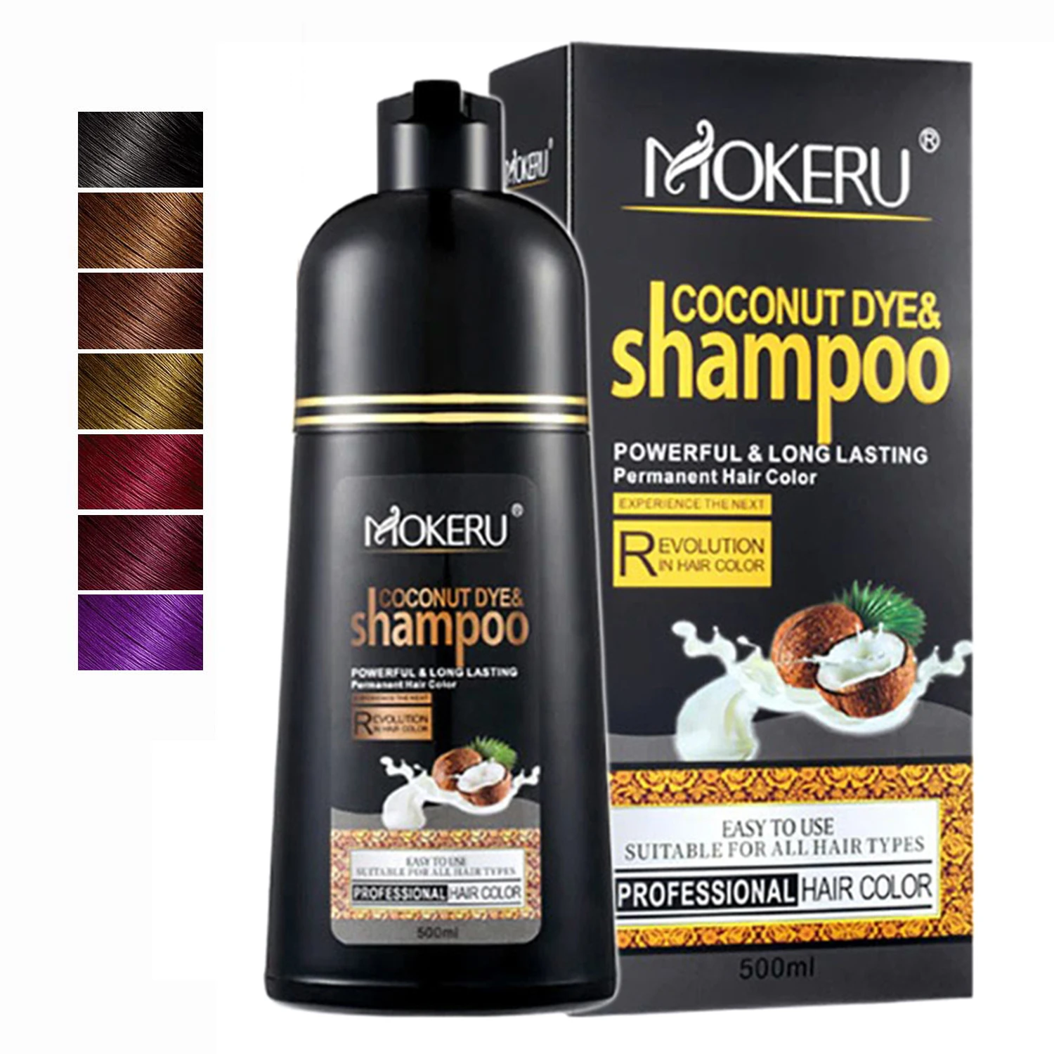 

Mokeru 500ml Natural Organic Coconut Oil Essence Black Hair Dye Shampoo Covering Gray Hair Permanent Hair Coloring Dye Shampoo