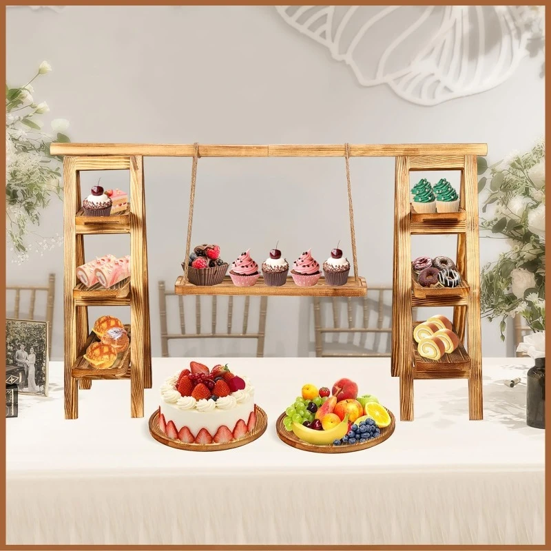 3-Layer tray wooden cupcake holder, dessert table display stand with round tray removable tray and collapsible dessert rack