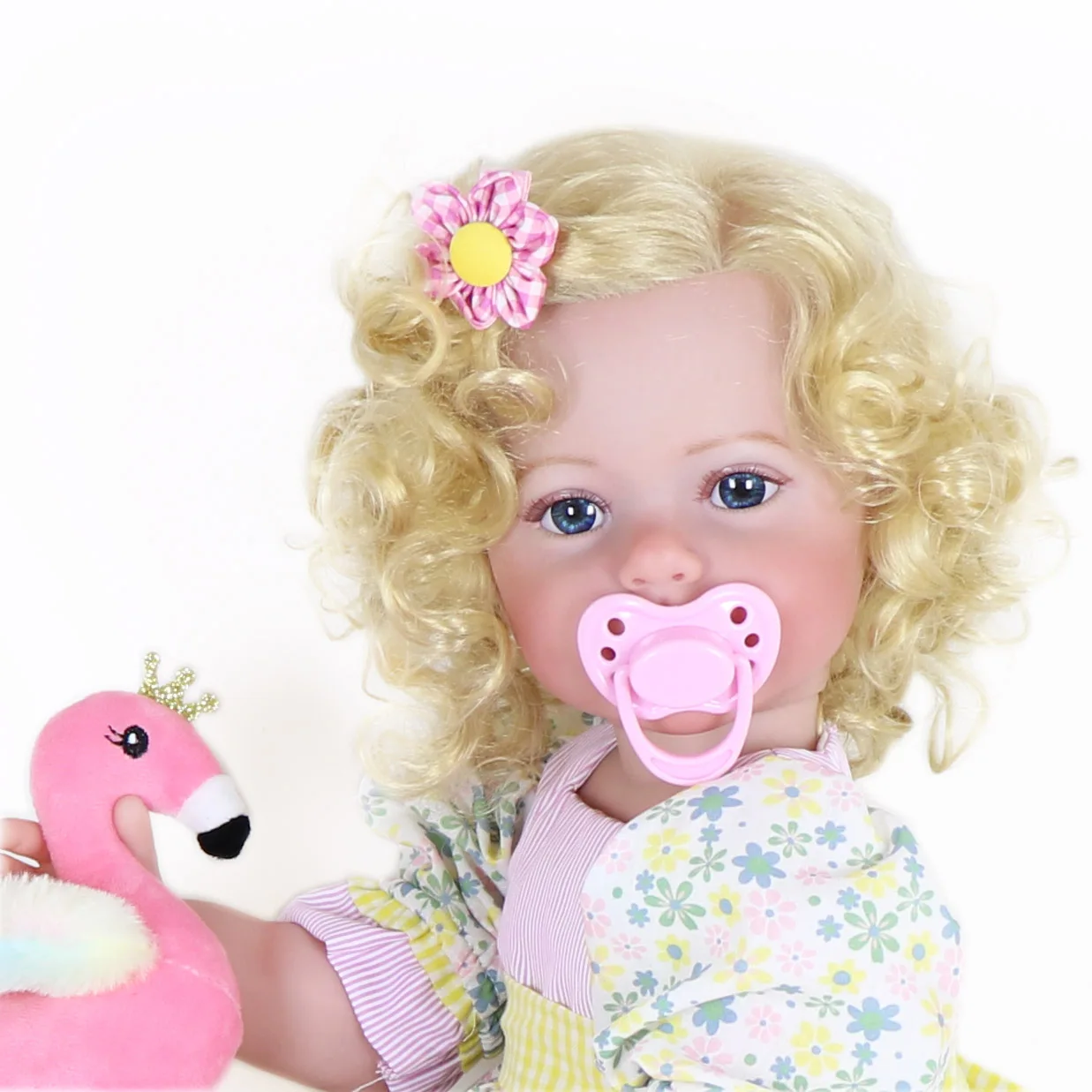 Ying Huan Mei Toddler Girl -22 inch with Flamingo Plush and 3D Painted Skin Visible Veins and Soft Full Vinyl with Rooted Hair