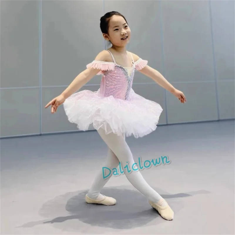 Ballerina Princess Party Costume Kids Sequin Flower Dress Girls Dance Wear Gymnastic Ballet Leotard Platter Pancake Tutu Dress