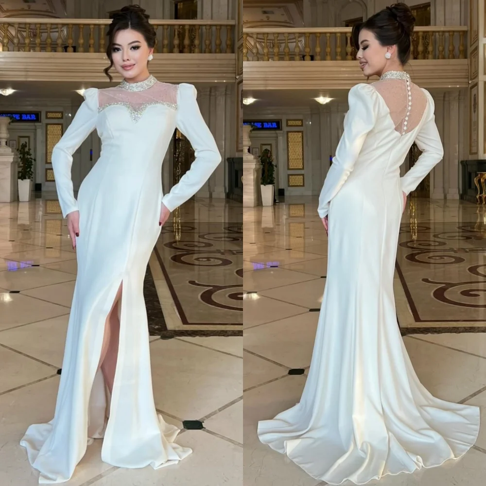 

Customized Intricate Matching Jersey Sequined Pleat Trumpet High Collar Long Dresses Bespoke Occasion Casual