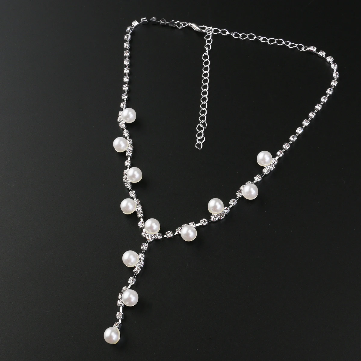 مجموعة مجوهرات الزفاف الفضية حجر الراين اللؤلؤ تيارا قلادة أقراط مثالية لحفلات الزفاف وحفلات الخطوبة #2