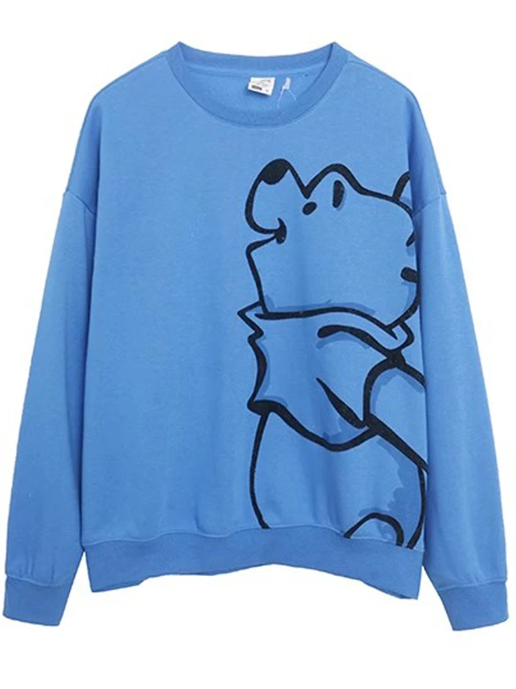 Disney Winnie the Pooh Bear Sweatshirt Cartoon Print Women O-Neck Pullover Jumper Tee Tops + Tied Bow Trousers Pants 1 Sets Blue