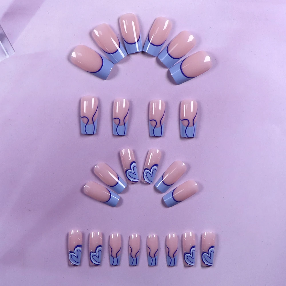 ARTAUG 24pcs Medium Square Blue High Saturation Nail Fingertip French Trim Charms Press On Nails Cover Fake Nail Set