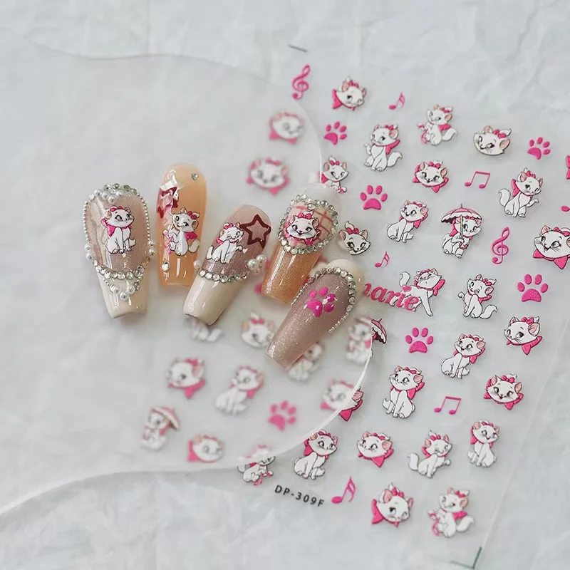 Miniso New 5D Relief Disney Kawaii Marie Cat Nail Stickers Cartoon Nail Art Supplies Cute Stickers For Nails Press On Nails