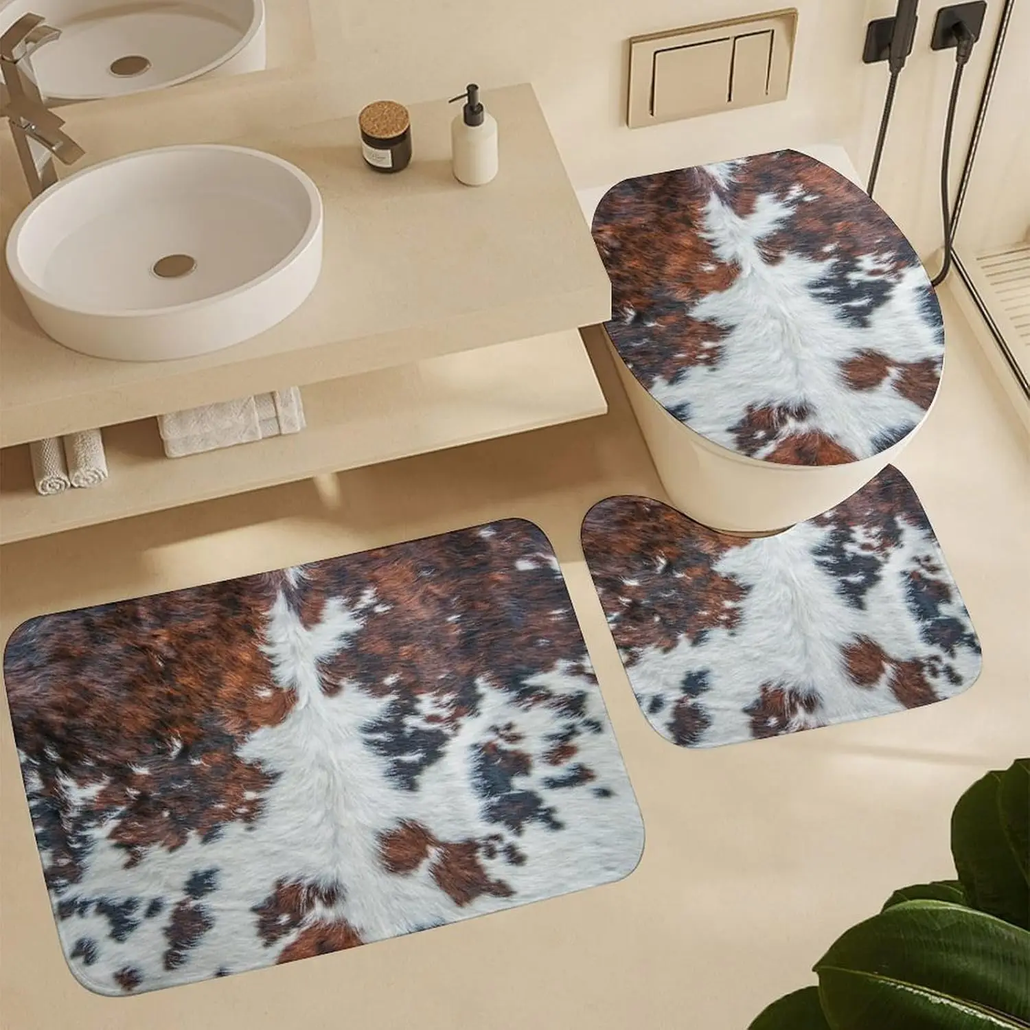 

3 шт., набор ковриков для ванной с принтом коровьей кожи, чехол для унитаза и коврик из кожи животных, нескользящий впитывающий декор для пола в ванной комнате на фермерскую тематику