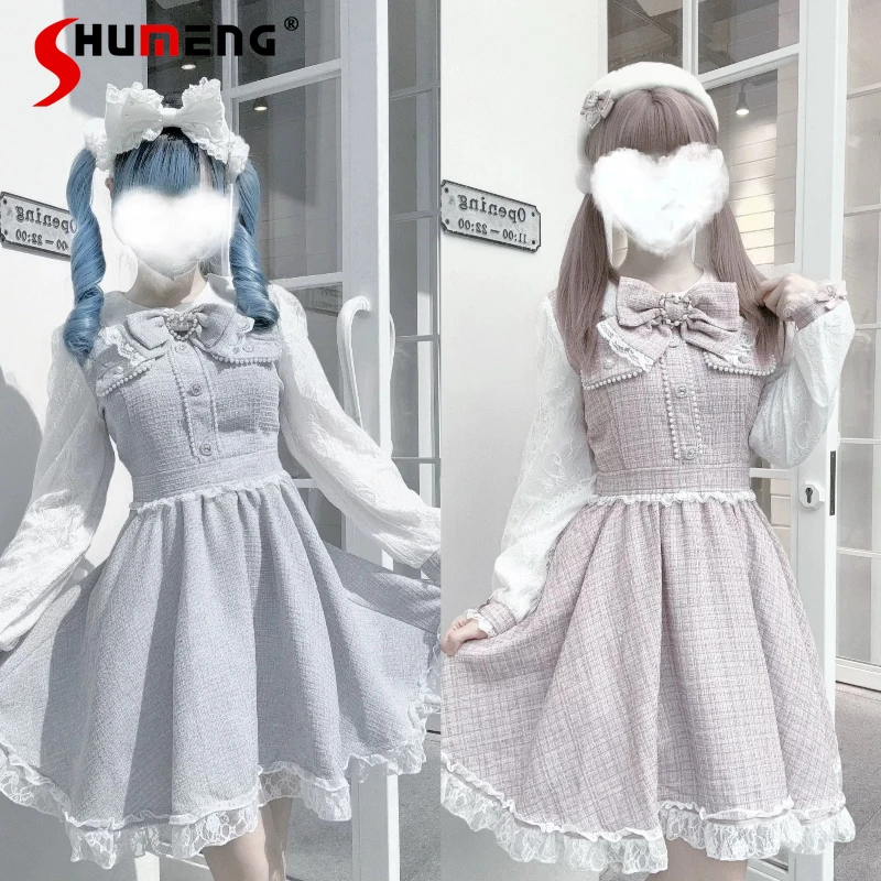 

Original Mine Mass-Produced Lolita Long-Sleeve Dress Autumn and Winter New Girls Woman's Slim-Fit Cute Bow Princess Dress Op