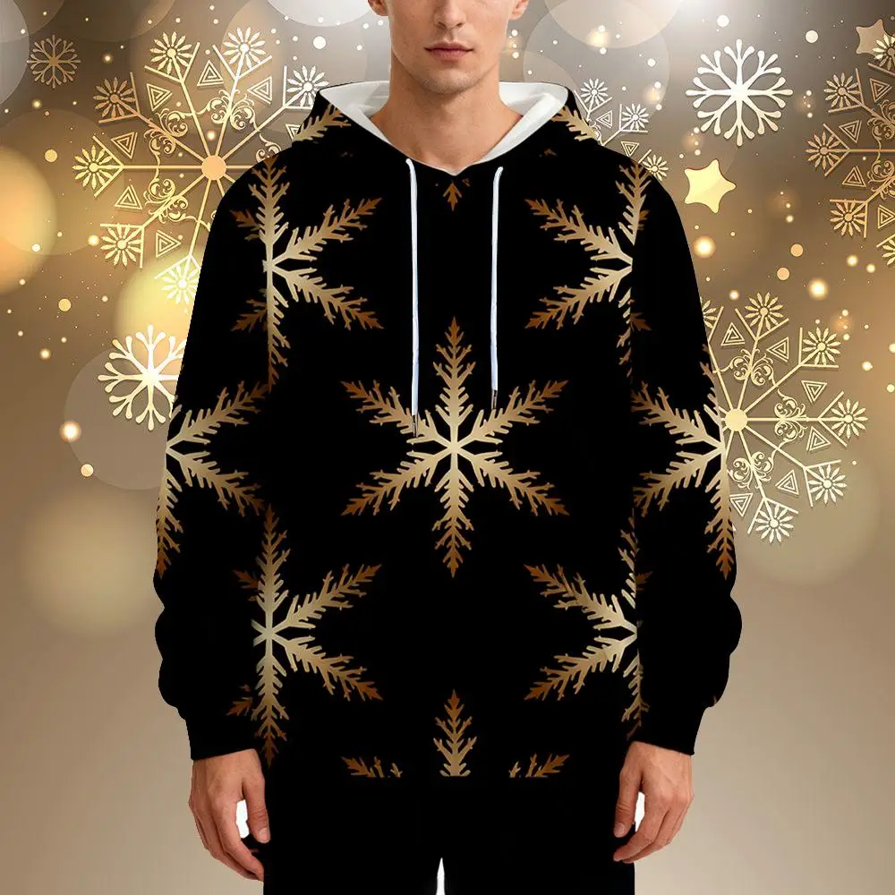 

Gold Snowflake Graphic Hoodie Autumn And Winter Comfortable Warm Long Sleeve Sweatshirt Unisex Christmas Street Fashion Pullover