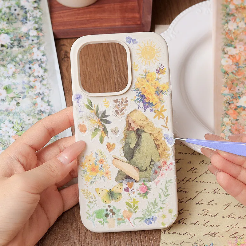 Journamm 6 arkuszy kwiat naklejki z obramowaniem materiał PET DIY Scrapbooking Art kolaż artykuły papiernicze Planner Decor naklejki na pamiętnik