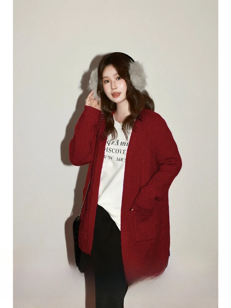 

Красный свободный вязаный кардиган оверсайз для женщин: комфортный, с V-образным вырезом, длинными рукавами, теплый, для полных женщин, повседневный стиль