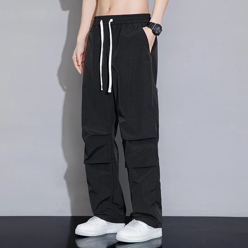 Simple Spring Autumn Men's Solid Color Elastic Waist Pocket Drawstring Straight Leg Wide Leg Sports Casual American Work Pants