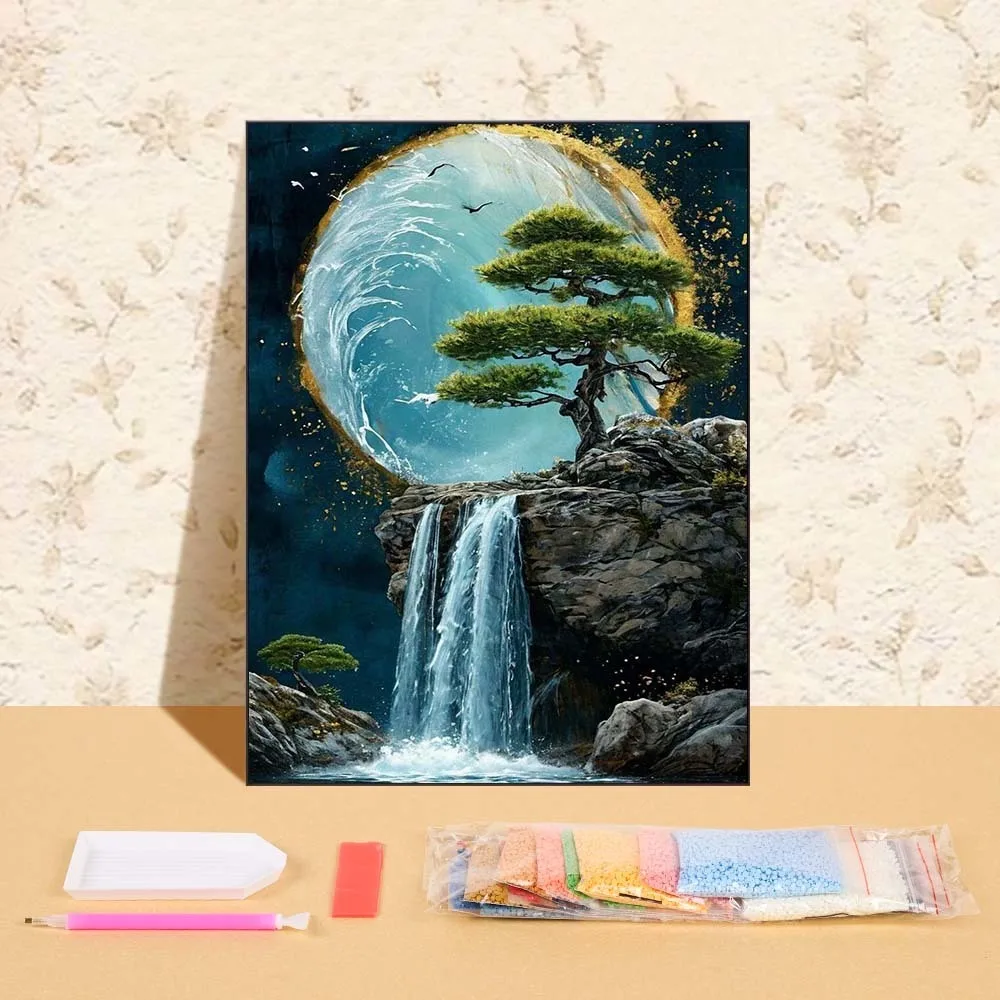 

Cliff Tree 5d Diamond Painting Mosaic Cross Stitch Waterfall Landscape Full Round Diamond Art Embroidery Living Room Wall Decor