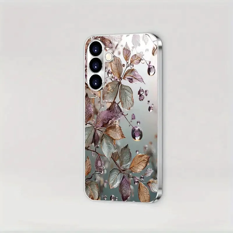 Water droplet leaf pattern glass phone case suitable for Samsung Galaxy S26 S25 S24 S23 S22 S20 FE/Ultra/Plus anti drop