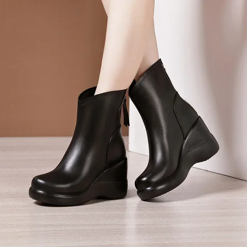 8cm Small Size 32-43 Soft Leather Platform Wedges Shoes Winter Mid Leg Boots with Fur 2024 High Heels Snow Boots for Office Mom