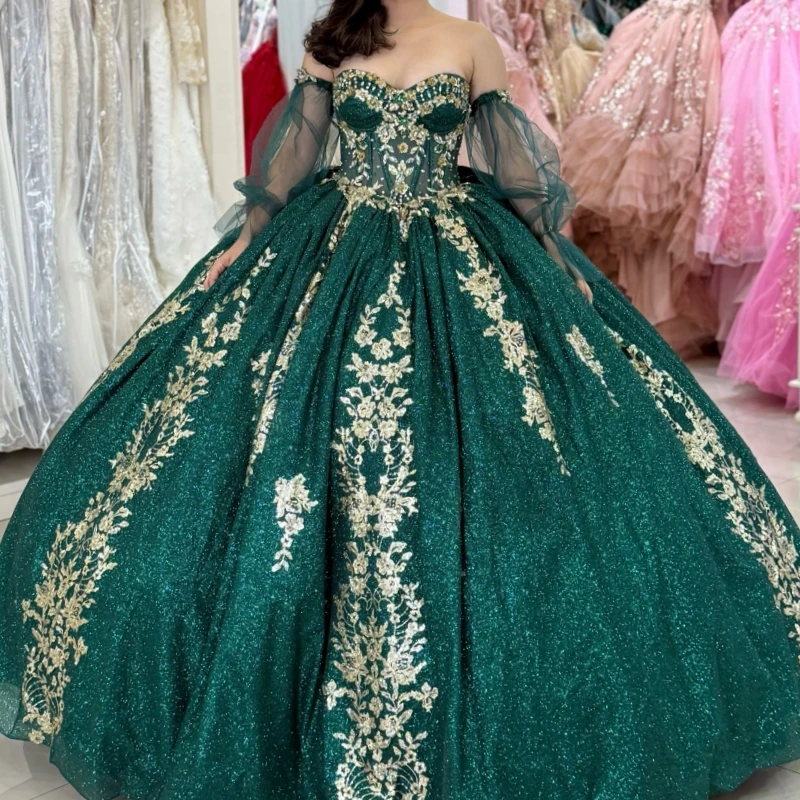 

Черно-зеленое блестящее бальное платье Quinceanera Платья с открытыми плечами и аппликацией из кружева с бусинами и бантом из тюля Вечеринка на день рождения Милое платье 16.