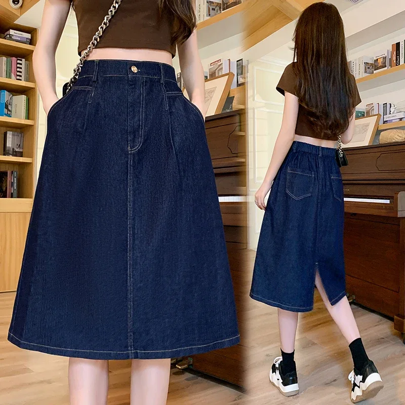 

Split Denim Skirts Woman High Waist Patchwork A Line Loose Casual Pocket Classic Mid-calf Length Skirt Female OL Mujer L425