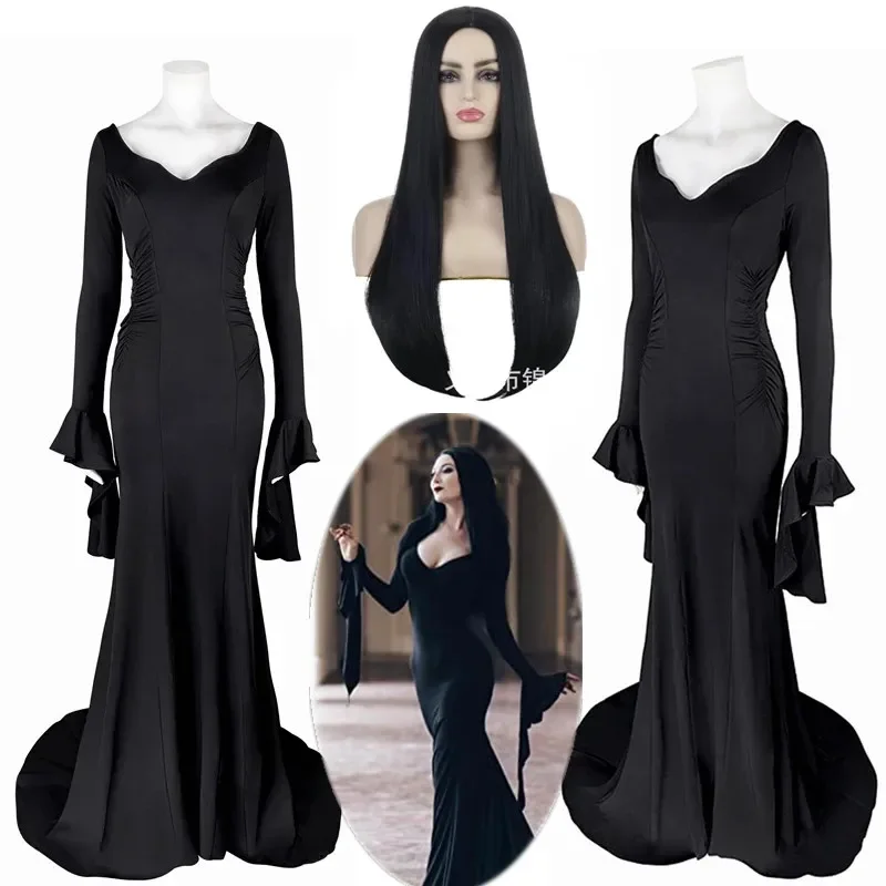 Addams Mercoledì Morticia Addams Costume Cosplay Halloween Abito sexy Parrucca Donne adulte Punk Gotico Strega Abito con lacci Abito sottile