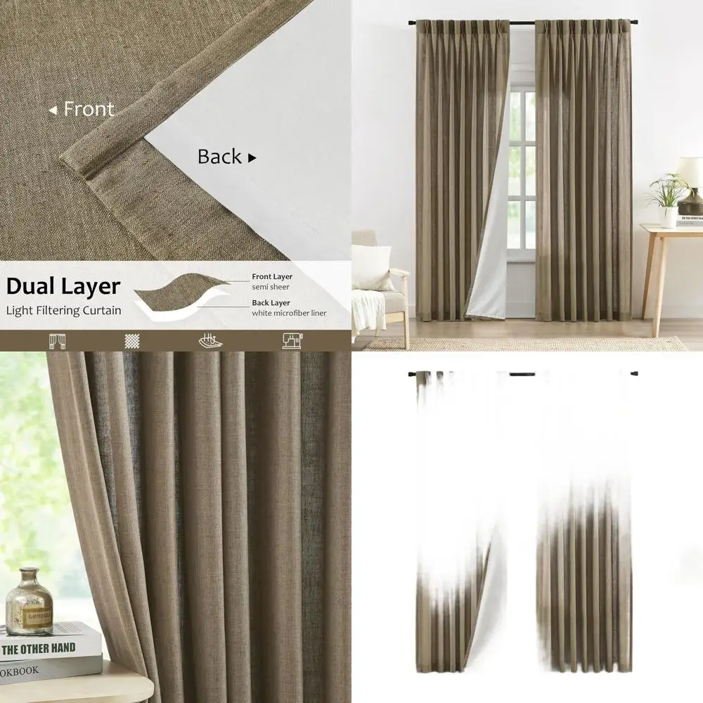 

Льняные шторы со складками-плиссе, светопроницаемые, с подкладкой из микрофибры, 40Ш x 84Д для гостиной и спальни, с креплением на петлях.