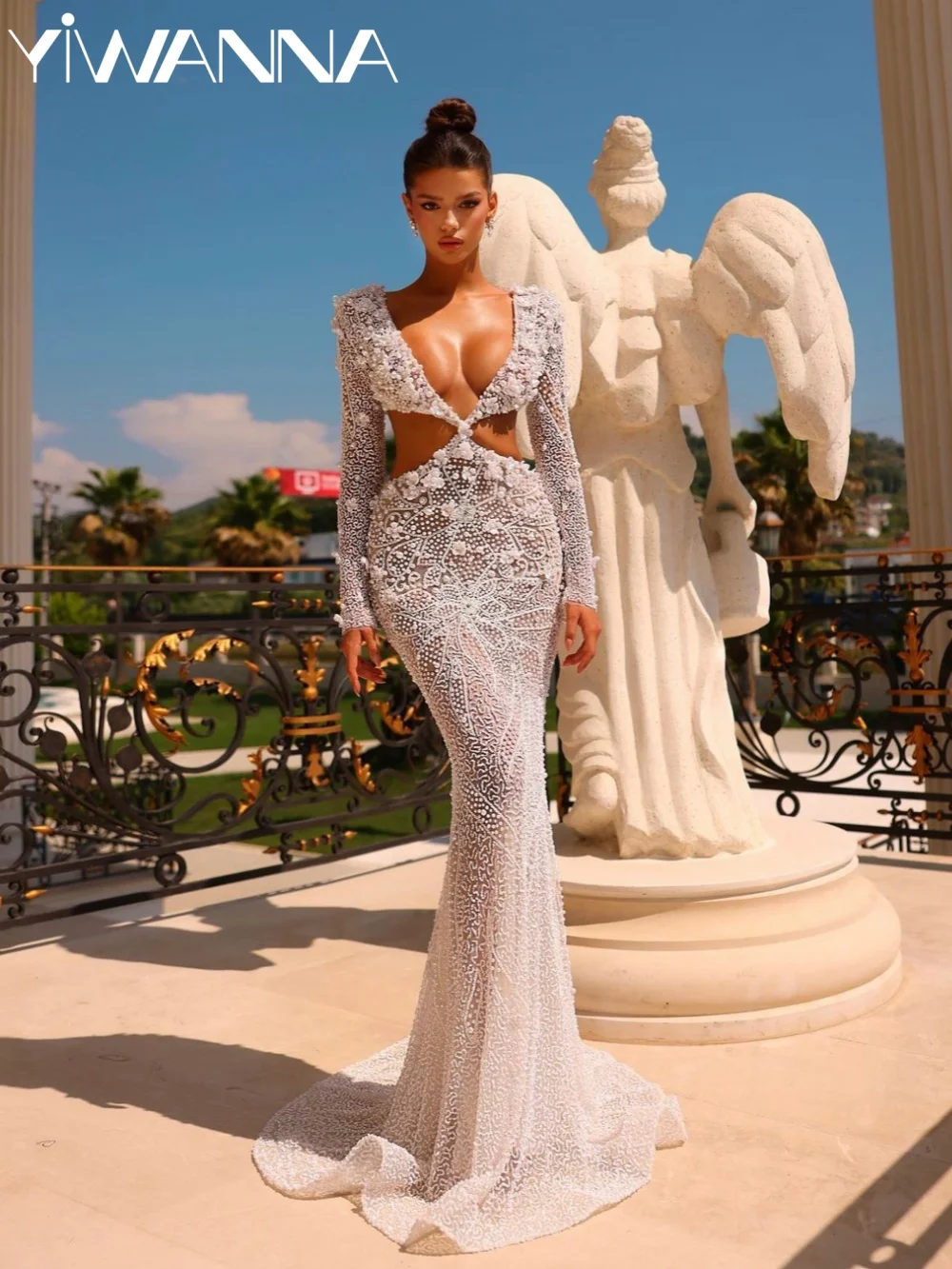 

Stunning Luxury Beaded Wedding Dress Chic Deep V-neck Mermaid Bridal Gown Customized Illusion Long Sleeve Dresses For Bride