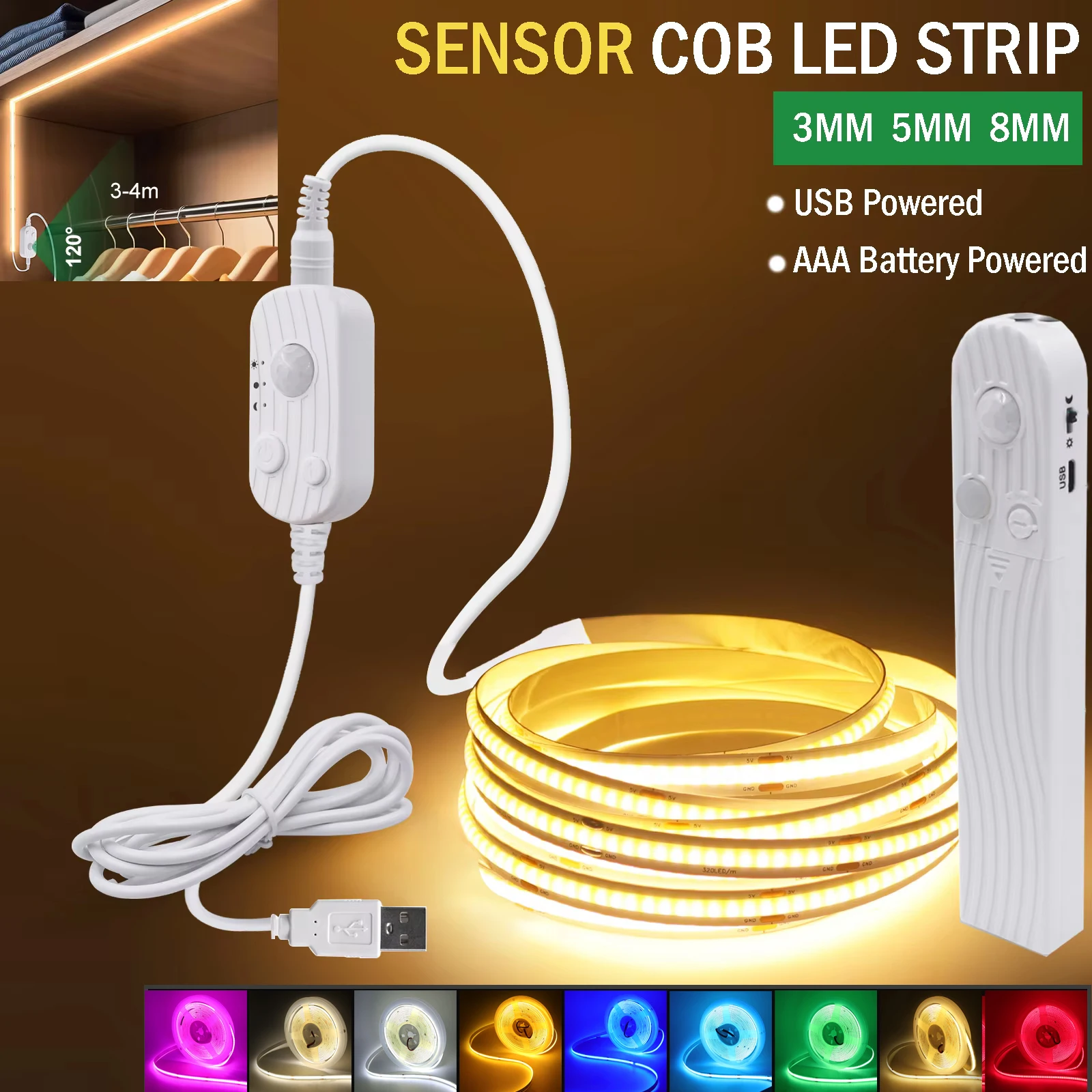 5V 3mm 5mm 8mm COB Led Strip With PIR Motion Sensor Induction Night Light AAA Battery USB Powered Flexible Tape for Cabinet Room