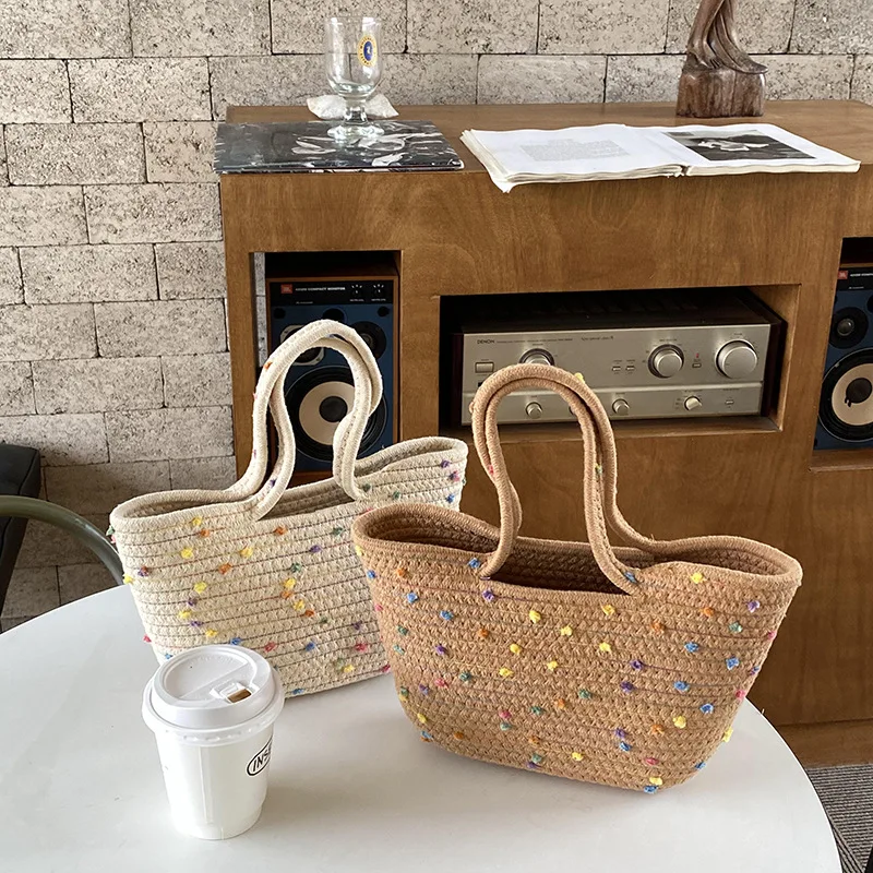 Модная женская сумка-тоут ручной работы из хлопчатобумажной нити, летняя сумка в богемном стиле, повседневная пляжная сумка для отдыха и отпуска, открытый карман