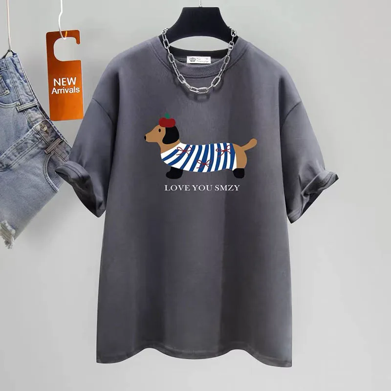 Women\'s Clothing Fashion Puppy Print Cotton T-shirt Summer Elegant Chic Basic Short Sleeve Top Tee Office Lady Loose Pullovers
