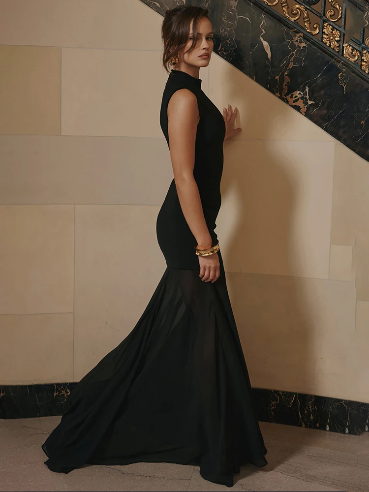 Kliou Sexy Holle Lange Jurk Vrouw Half Hoge Kraag Mouwloos Hoge Taille Mesh Patchwork Zoom Middernacht Prom Party Elegante Bodycon