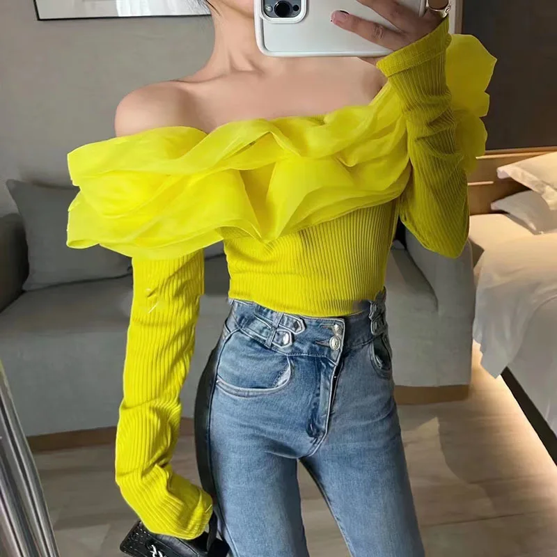 Sweet Off Shoulder Shirts Women Tea Break Ruffled Mesh Spliced Long Sleeved T-shirt Fashion Autumn Slim Knitted Tops Pure Color