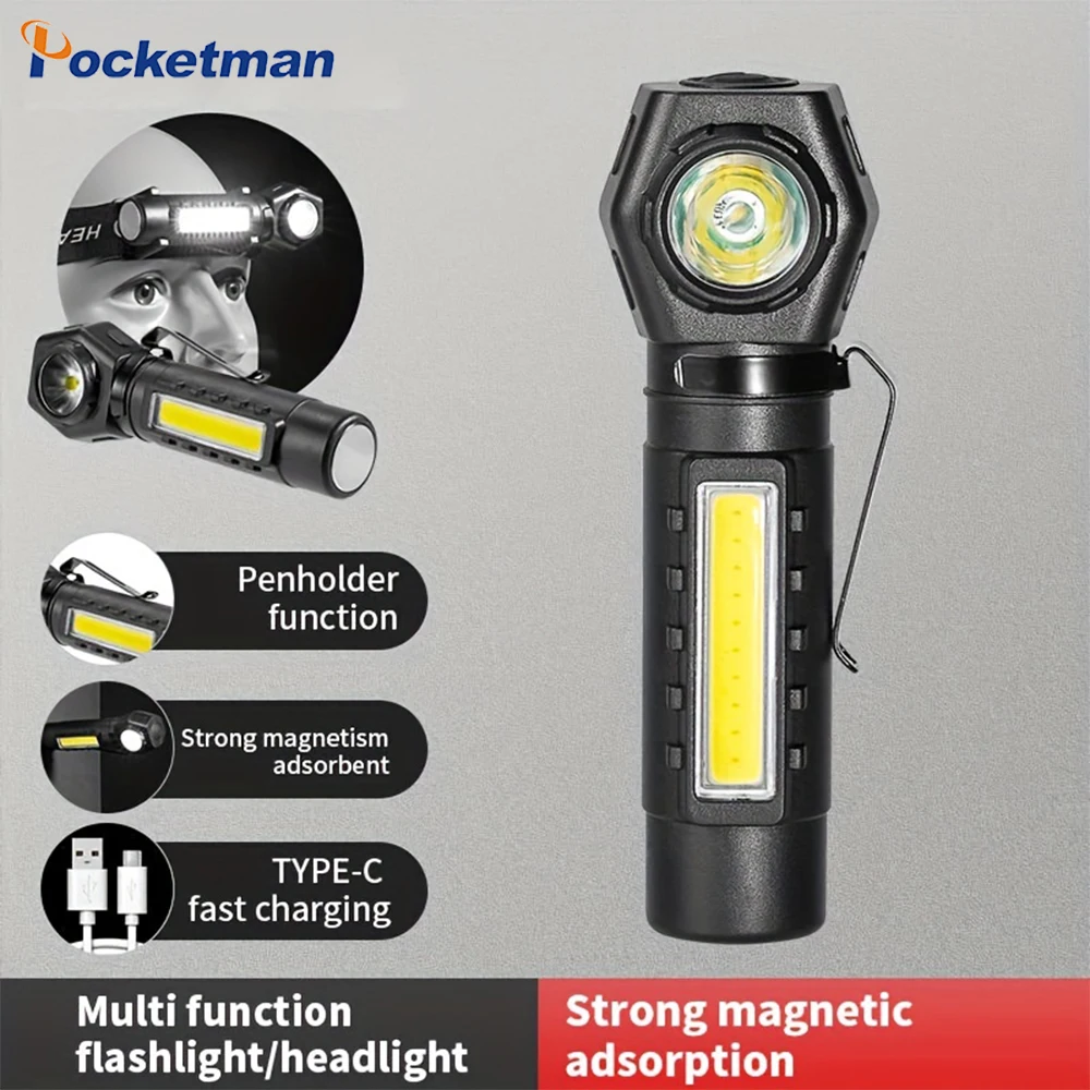 

3-In-1 High Power Rechargeable Flashlight USB Rechargeable LED COB Adjustable Headlamp Portable Headlight for Hiking Camping