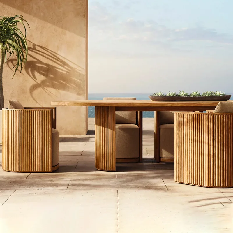 Cross-border outdoor teak dining table courtyard outdoor solid wood table and chairs waterproof and sunscreen hotel villa open
