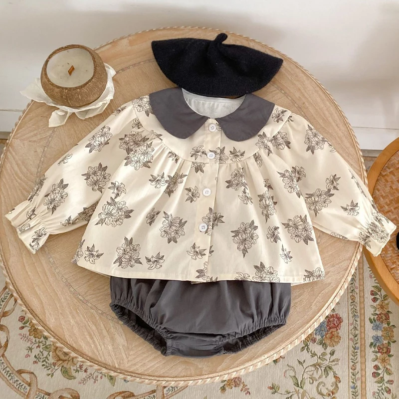 Autumn new baby clothing, 0-3 year old female baby, flower print long sleeved top+bread pants two-piece set